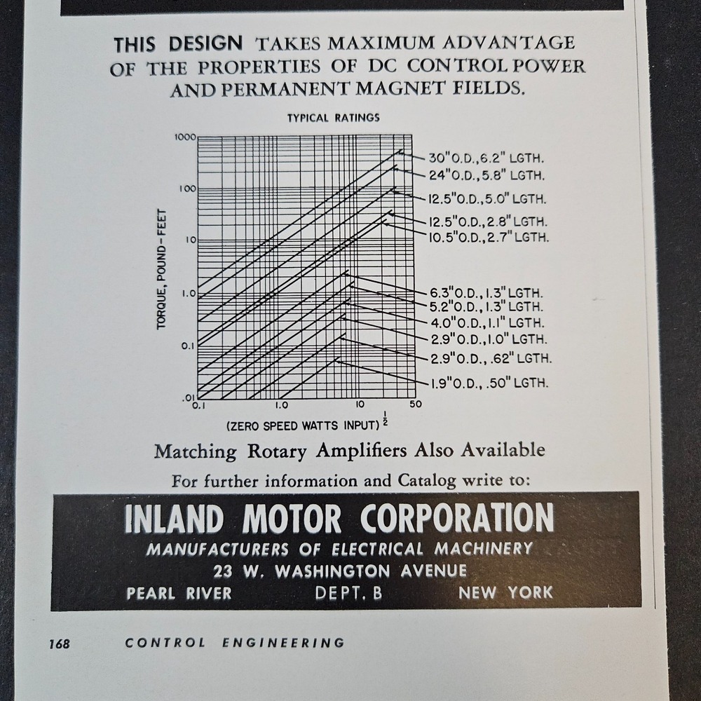 1958 Inland Motor Corp Torque Direct Drive Servo Vintage Print Ad Pearl River NY